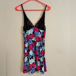 Betsey Johnson Y2K Black and Multicolor Floral Chemise